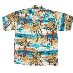 Avanti Hula Scene Hawaiian Aloha Shirt Mens XL Blue Teal 100% Silk Authentic